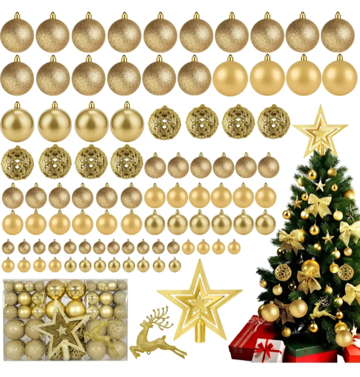 Kit 102 Bolas De Natal Ponteira Glitter Enfeite Topo Árvore Dourado