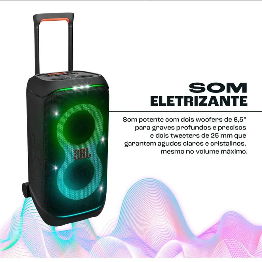 Caixa de Som JBL PartyBox Stage 320 Bluetooth Portátil Com Show de Luzes e Resistente a Respingos – 240W RMS Preta